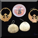 J149. 2 pair of brass earrings and a brass enamel pin. - $28 